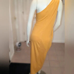 SHEIN Women's M Yellow One Shoulder Ruched High Slit Long Dress